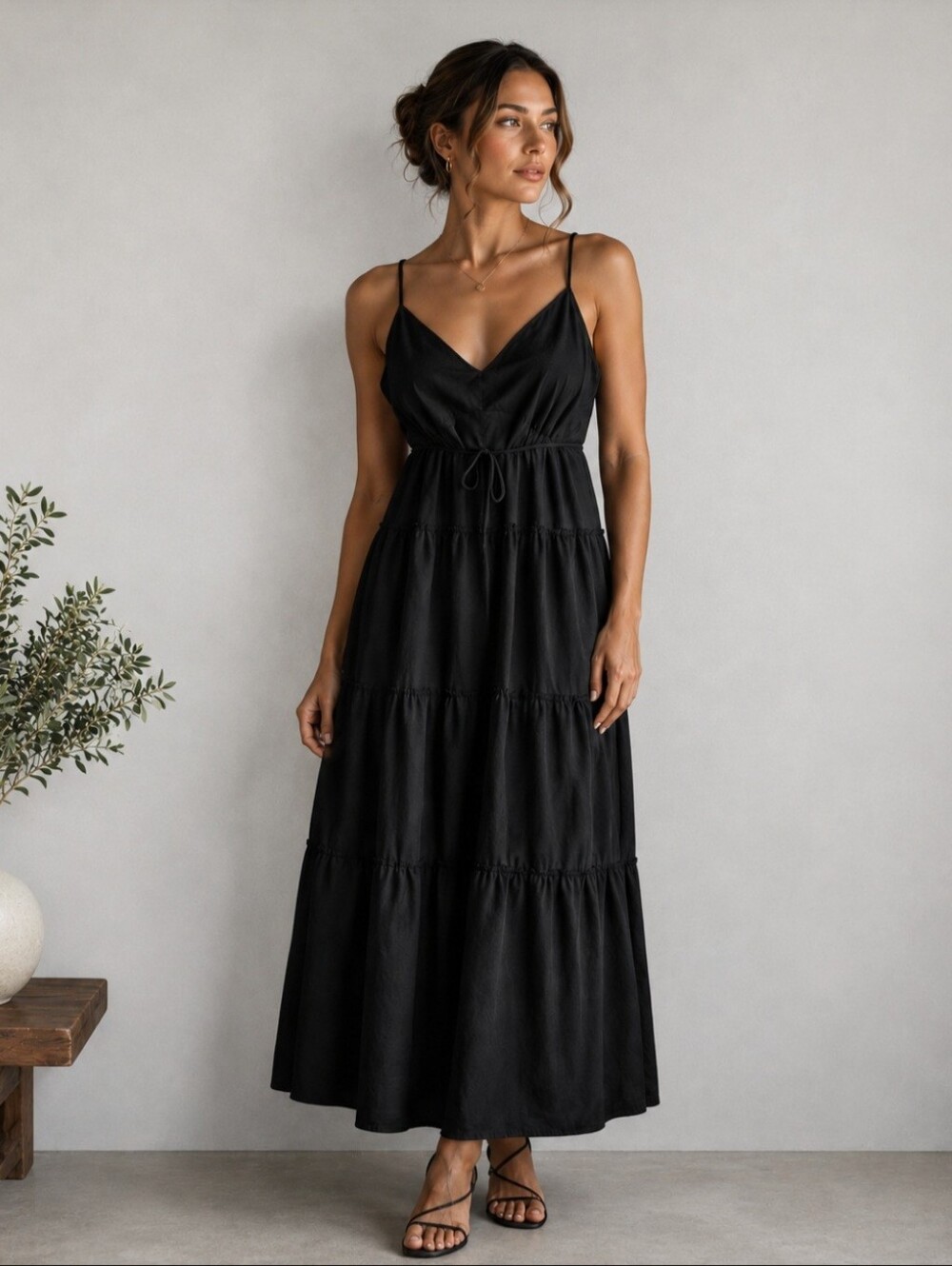 BCBGMaxAzria Black Tiered V‑Neck Maxi with Spaghetti Straps